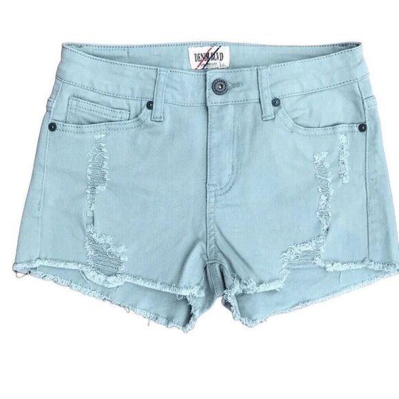 2 PAIR Denim Blvd Mid Rise Cut Off Jean Shorts Sz 5 Sm Blue Green & Lilac Bundle - Picture 4 of 6